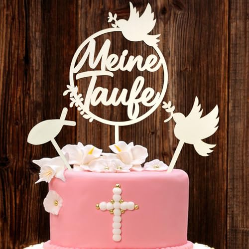 3 Stück Cake Topper Taufe Holz, Tortendeko Taufe Tortenstecker Kuchen Topper für Junge Mädchen Taufe Deko von JOYEASE