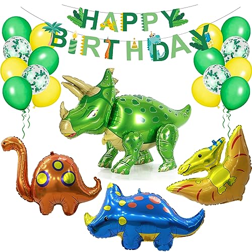 Dino Geburtstag Deko, Dino Deko Kindergeburtstag, 4D Dinosaurier Folienballon mit Happy Birthday Girlande, Geburtstag Deko Junge für Dino Party Kindergeburtstag von JOYEASE