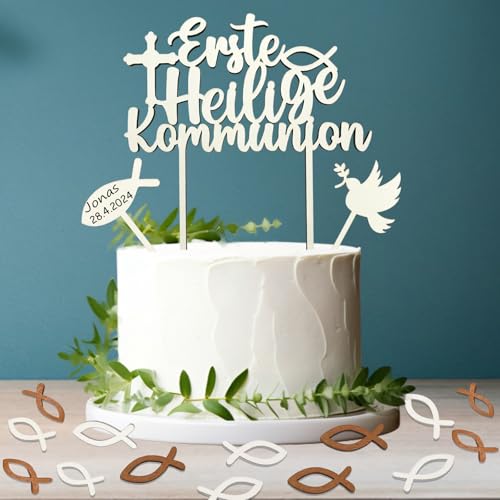 Erste Heilige Kommunion Cake Topper mit 48 Holz Fische Streudeko Tischdeko Kommunion, Erstkommunion Deko Junge Mädchen von JOYEASE