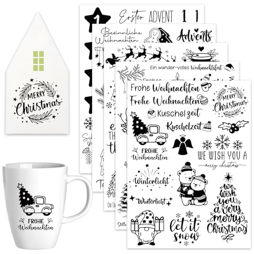 Rub On Sticker Weihnachten - 4 Bogen Sprüche Frohe Weihnachten - Rub On Folie Transferaufkleber zum Basteln und Dekorieren für Raysin Keraflott Möbel Glas Holz Klötzchen(19x14cm) von JOYEASE