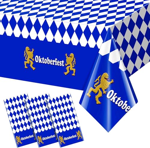 JOYELL 3 Stück Oktoberfest Tischdecke,137x274cm Blau-weiße Bayerische Einweg Plastik Tischdecken für die Münchner Bayern-Party Drinnen Draußen Party Zubehör von JOYELL