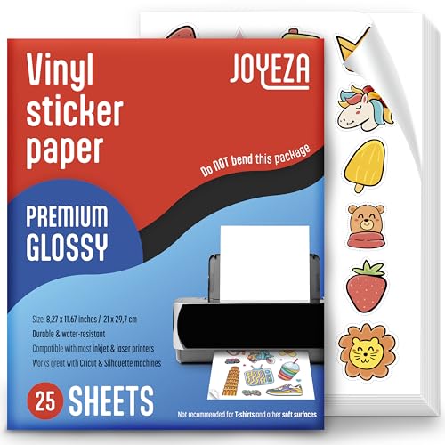 Joyeza Bedruckbares Glänzend Vinyl-Aufkleberpapier für Tintenstrahldrucker, Hochwertig, wasserfest, trocknet schnell, lebendige Farben, reißfest, für Tintenstrahl- und Laserdrucker, Weiß Joyeza Bedruckbares Glänzend Vinyl-Aufkleberpapier für Tintenstrahldrucker, Hochwertig, wasserfest, trocknet schnell, lebendige Farben, reißfest, für Tintenstrahl- und Laserdrucker, Weiß von JOYEZA
