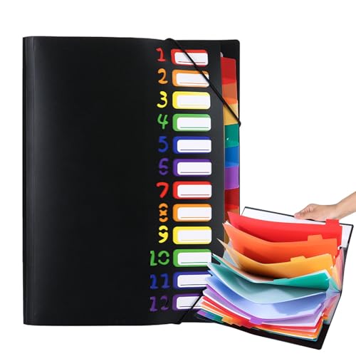 Dokumentenmappe A4, Fächermappe A4, Tragbar Fächermappe mit 12 Fächern, Mappen Ordnersystem, PP Kunststoff Ordnungsmappe Pultordner mit Gummizug Bunte Wasserdicht Ordnungsmappe für Schule Bürobedarf von JOYIAL