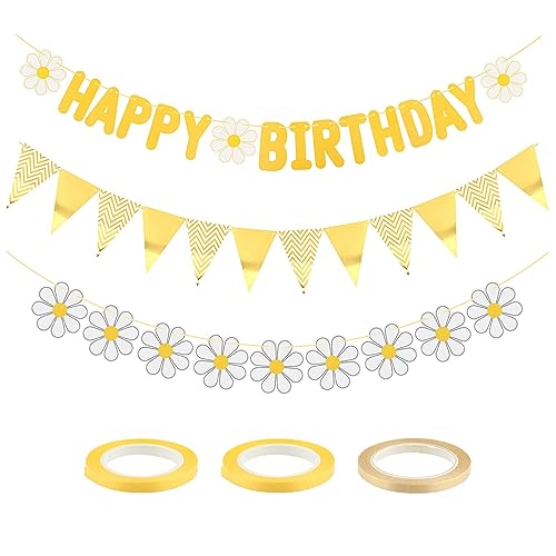 Gelbes Gänseblümchen Geburtstagsparty-Dekorations-Zubehör, Happy Birthday Schild Banner Hängendes Papier-Set, für Kinder Erwachsene Geburtstagsparty-Dekorationen Dusche DIY Aufhängen (wie abgebildet) von JOYIAL