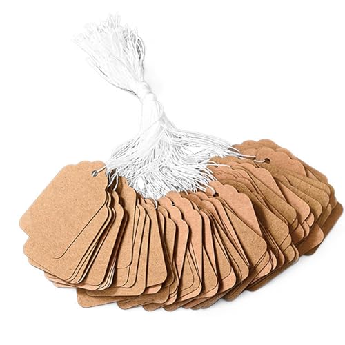 Preisschilder Anhänger 500 Stück Kraftpapier Hängeetiketten mit Schnur, 35 x 22mm Preisetiketten, Braun Anhänger Etiketten für Kleidung Schmuck Display von JOYIAL