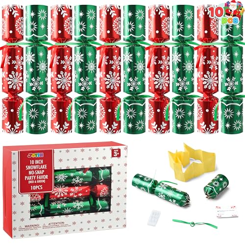JOYIN 10er-Pack Weihnachts-Party-Tischgeschenke ohne Druckknopf mit rotem und grünem Schneeflocken-Design, mit Partyhut, Witz und kleinem Geschenk darin, für weihnachtliche JOYIN 10er-Pack Weihnachts-Party-Tischgeschenke ohne Druckknopf mit rotem und grünem Schneeflocken-Design, mit Partyhut, Witz und kleinem Geschenk darin, für weihnachtliche von JOYIN