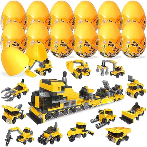 JOYIN 12 vorgefüllte Ostereier mit entzückenden Tierbausteinen für Ostergeschenke, Ostereiersuche, Osterkörbchenfüller (Ingenieurfahrzeuge) von JOYIN