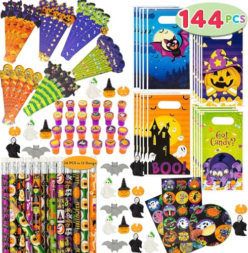 JOYIN 144pcs sortiertes Halloween-Themen-Briefpapier für Kinder, Geschenkset für Süßes und Saures, Mitbringsel, Spielzeug, einschließlich Halloween-Bleistiften, Stempeln in Süßes oder Saures-Beuteln JOYIN 144pcs sortiertes Halloween-Themen-Briefpapier für Kinder, Geschenkset für Süßes und Saures, Mitbringsel, Spielzeug, einschließlich Halloween-Bleistiften, Stempeln in Süßes oder Saures-Beuteln von JOYIN