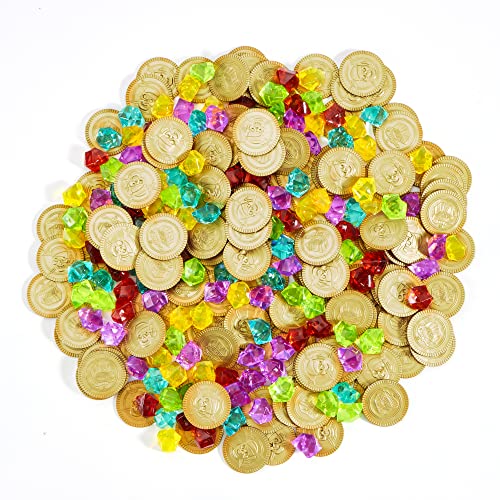 JOYIN 288 Stück Piraten Goldmünzen und Piraten Piratenschatz Halloween Spielzeug Set Party Mitbringsel (144 Goldmünzen +144 Edelsteine) von JOYIN