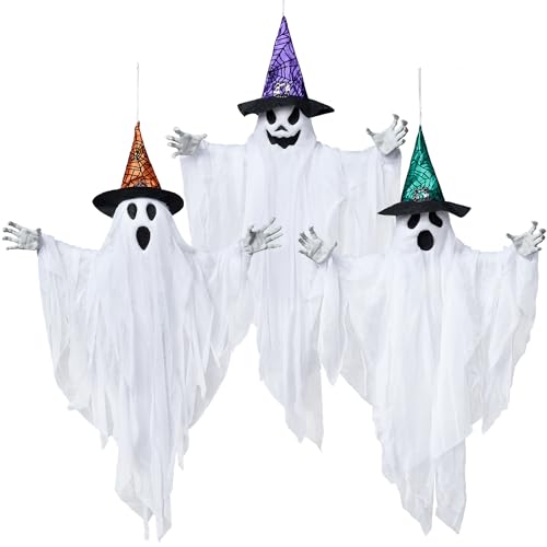 JOYIN 3 Stück 63 cm hängende Geister-Dekorationen, Halloween, weißer Geist mit Hüten für Spukhaus, Friedhofszene, gruselige Innen- und Außendekoration JOYIN 3 Stück 63 cm hängende Geister-Dekorationen, Halloween, weißer Geist mit Hüten für Spukhaus, Friedhofszene, gruselige Innen- und Außendekoration von JOYIN