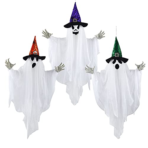 JOYIN 3 Stück 63 cm hängende Geister-Dekorationen, Halloween, weißer Geist mit Hüten für Spukhaus, Friedhofszene, gruselige Innen- und Außendekoration von JOYIN