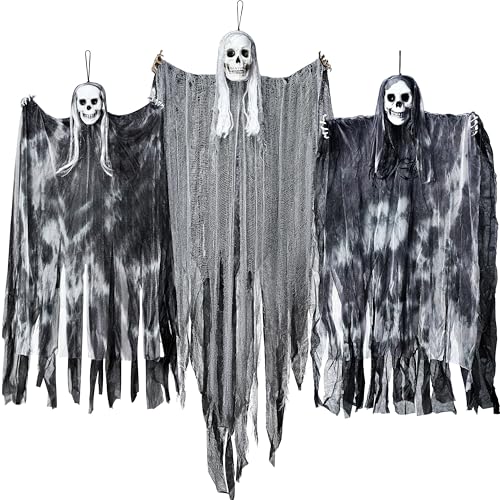 JOYIN 3 Stück Halloween-Sensenmänner zum Aufhängen, Einer 139,7 cm, Zwei 89,9 cm große Halloween-Skelette mit fliegenden Geistern als Halloween-Dekoration für draußen, Spukhaus-Requisite, Dekoration von JOYIN
