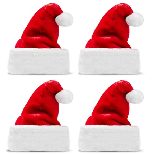 JOYIN 4 Stück Weihnachtsmützen, Rot Plüsch Nikolausmützen Weihnachtsmann Mütze Weihnacht Nikolaus für Erwachsene Kinder von JOYIN