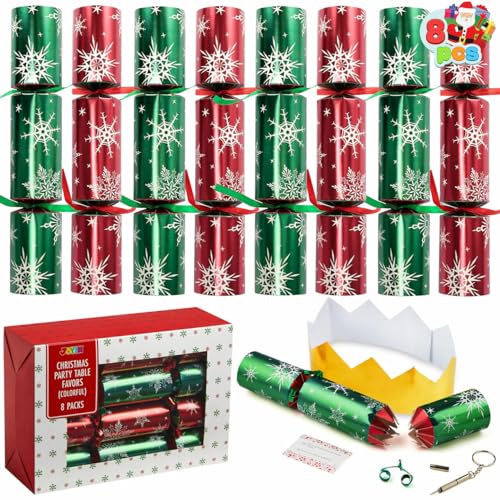 JOYIN 8 Pack Xmas No Snap No Popping Party Tisch Gunst mit Party Hut, Witz & kleines im Inneren, für Xmas (Rot-Grün Schneeflocke) von JOYIN