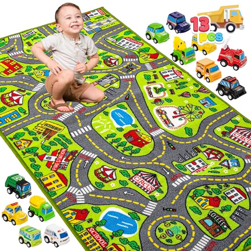 JOYIN Teppich Kinderzimmer 80x150cm mit 12 Mini Auto Spielzeug für Kinder, Spielteppich Straße Kinderteppich, Autoteppich Junge Mädchen für Schlafzimmer & Spielzimme JOYIN Teppich Kinderzimmer 80x150cm mit 12 Mini Auto Spielzeug für Kinder, Spielteppich Straße Kinderteppich, Autoteppich Junge Mädchen für Schlafzimmer & Spielzimme von JOYIN