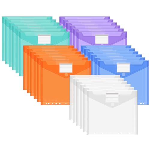 30 Stück Dokumententasche A4, Wasserdichte Dokumentenmappe, 11 Lochrand Sammelmappen Mit Etikettentasche, Bunte Mappen für Dokumente Organisieren, Bürobedarf, Hausaufgaben von JOYIT