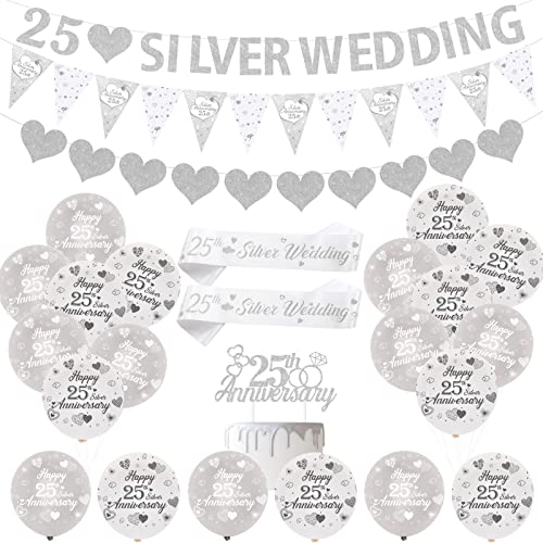 JOYMEMO 25. Hochzeitstag Dekorationen Silber 25. Jahrestag Luftballons Banner Herz Ringe Tortenaufsatz Satin Schärpe für 25. Jahrestag Party Supplies JOYMEMO 25. Hochzeitstag Dekorationen Silber 25. Jahrestag Luftballons Banner Herz Ringe Tortenaufsatz Satin Schärpe für 25. Jahrestag Party Supplies von JOYMEMO