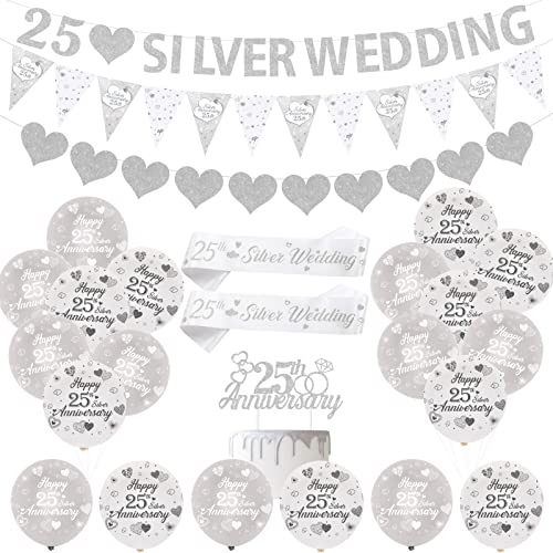 JOYMEMO 25. Hochzeitstag Dekorationen Silber 25. Jahrestag Luftballons Banner Herz Ringe Tortenaufsatz Satin Schärpe für 25. Jahrestag Party Supplies von JOYMEMO