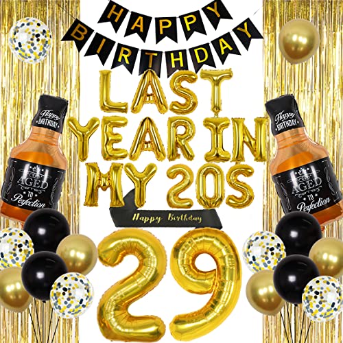 29. Geburtstag Dekorationen für Männer Frauen, Gold Last Year In My 20s Banner, Cheers to 29 Years Old Birthday Decor with Whiskey Balloon, Number 29 Folienballons, Happy Birthday Schärpe von JOYMEMO