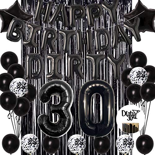 30th Birthday Decorations Black - Dirty 30 Folienballon & Kuchendeckel, Happy Birthday Banner, Star Konfetti Luftballons, Folienfransen Vorhang Männer Frauen Geburtstagsfeierzubehör von JOYMEMO