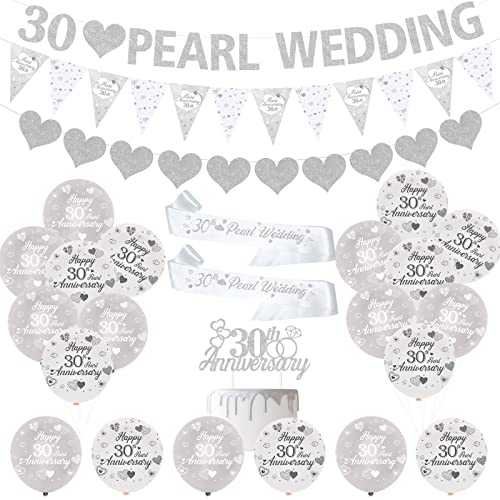 JOYMEMO 30. Perlen-Hochzeitstag, Dekorationen zum 30. Silberhochzeit, Luftballons, Herzringe, Tortenaufsatz, Satinschärpe für 30. Paare, Perlenhochzeit, Partyzubehör JOYMEMO 30. Perlen-Hochzeitstag, Dekorationen zum 30. Silberhochzeit, Luftballons, Herzringe, Tortenaufsatz, Satinschärpe für 30. Paare, Perlenhochzeit, Partyzubehör von JOYMEMO