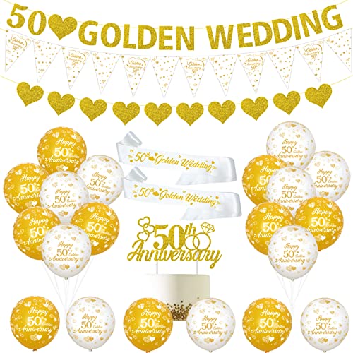 JOYMEMO 50. Hochzeitstag Dekorationen zum goldenen 50. Hochzeitstag mit Luftballons, Herzringe, Tortenaufsatz, Satin-Schärpe für 50. Hochzeitstag, Partyzubehör von JOYMEMO
