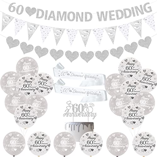 JOYMEMO 60. Hochzeitstag Dekorationen Silber Diamant 60. Jahrestag Luftballons Banner Herz Ringe Tortenaufsatz Satin Schärpe für 60. Jahrestag Party Supplies von JOYMEMO