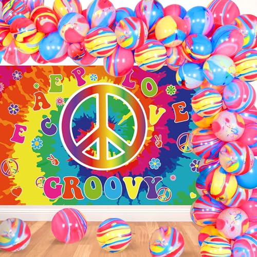 JOYMEMO 60er Jahre Hippie Thema Party Dekorationen, 1960er Jahre Groovy Foto Hintergrund, Tie Dye Luftballons Girlande Bogen Kit für Retro 60er Jahre, Woodstock Rock Star Party Decor Hintergrund von JOYMEMO