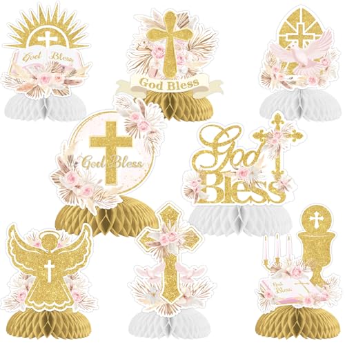 8 Pieces Baptism Honeycomb Centerpieces for Girls, Pampas Grass Baptism Table Decorations, Boho First Holy Communion Christening Party Supplies von JOYMEMO