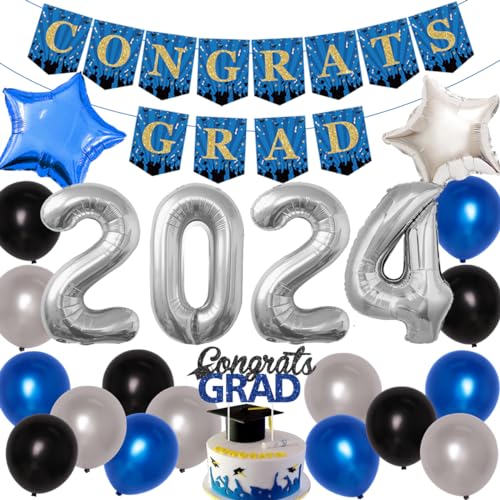 Abschlussdekorationen 2024 Blau Silber - Congrats Grad Banner & Cake Topper, 2024 Heliumballons, Blau Silber Schwarz Latexballons für Abschlussfeiern und Silvester Party Supplies von JOYMEMO