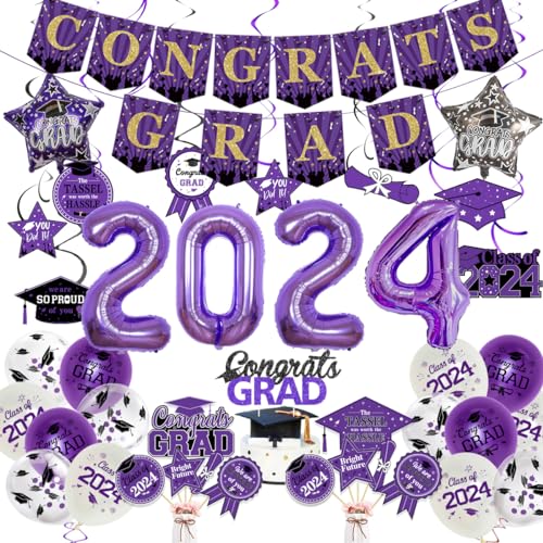 Abschlussdekorationen 2024 Lila Schwarz - Congrats Grad Banner & Cake Topper, Graduation Hanging Swirls, Centerpiece Sticks, Number 2024 Folienballons, Klasse 2023 Graduation Party Supplies von JOYMEMO