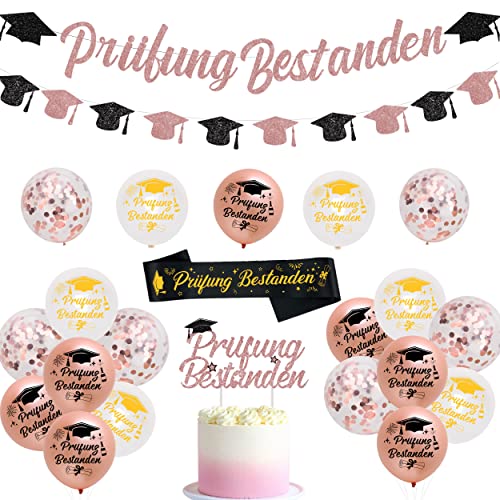 JOYMEMO Abschlussfeier Party Dekorations Prüfung Bestanden Girlande Ballons Rose Gold ABI Deko Abitur Abschluss Deko 2023 Prüfung Bestanden Schärpe Tortentopper Graduierung Accessoire Deko Set von JOYMEMO