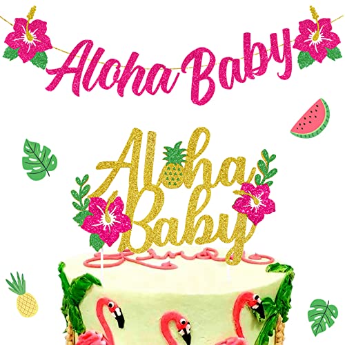Aloha Baby Shower Dekorationsset – Aloha Baby Banner Rose Rot Tortenaufsatz Gold Glitzer für Aloha Mädchen Babyparty Geburtstag Party Supplies von JOYMEMO