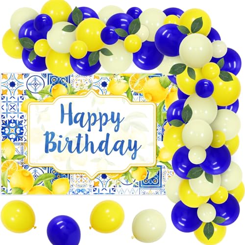 Blue Tile Lemon Birthday Decorations for Boys and Girls, Capri Lemon Balloon Garland Arch Kit with Happy Birthday Banner, Lemon Birthday Party Supplies von JOYMEMO