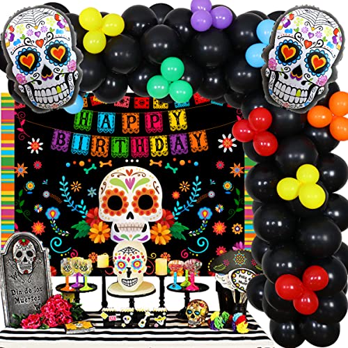 Day of the Dead Birthday Decorations, Dia De Los Muertos Ballon Girlande Kit und Happy Birthday Hintergrund Sugar Skull Folienballons für mexikanische Festival Party Supplies von JOYMEMO