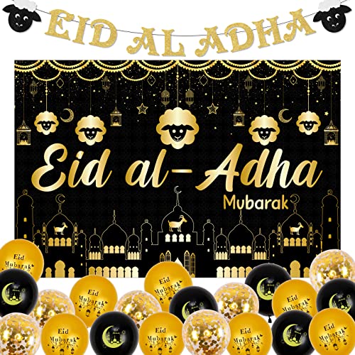 Eid Al Adha Dekorationen, Eid Al Adha Banner, Hintergrund und Luftballons, Ramadan Mubarak Dekorationen, muslimische islamische Partyzubehör für Heimdekoration von JOYMEMO