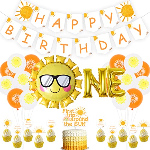 First Trip Around The Sun Birthday Decorations - Boho Sun 1st Bday for Boys or Girls, Happy Birthday Banner Double Sided Cake Toppers Baby Shower Space First Birthday Party Supplies von JOYMEMO