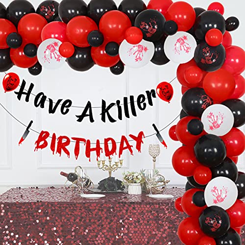 Halloween Horror Geburtstag Ballon Girlande Kit - Have A Killer Birthday Banner, Schwarz und Rot Ballons mit blutigem Handdruck für gruselige Themenpartys von JOYMEMO