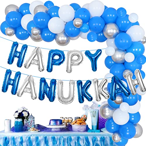 Happy Hanukkah Dekorationen Ballon-Girlande-Set – Happy Hanukkah Banner blau-weiß-silberne Luftballons für jüdische Feiertage Chanukah Dekor von JOYMEMO