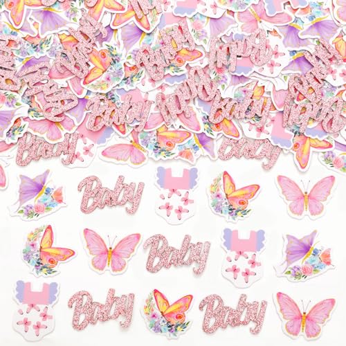 JOYMEMO 200 Stück Schmetterling Babyparty Konfetti – Rosa und Lila Schmetterling Babyparty Dekorationen für Mädchen, doppelseitiges Druckpapier Konfetti Streutischdekoration von JOYMEMO