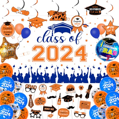 JOYMEMO 2024 Abschluss-Dekorationen, orange-blau, Abschluss-Hintergrund, hängende Wirbel, Folienballon, Latexballon, Foto-Requisiten für Klasse 2024, Partyzubehör, Universität von JOYMEMO