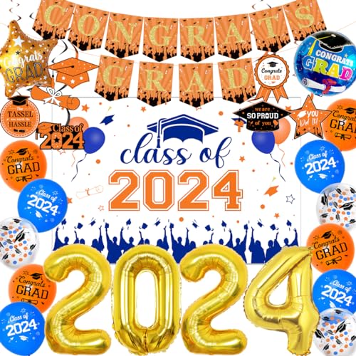 JOYMEMO 2024 Abschluss-Dekorationen, orange-blau, Congrats Grade Banner hängende Wirbel 2024 Goldfolie Zahlenballons Hintergrund für Klasse 2024 Grad Party Supplies University College High School von JOYMEMO