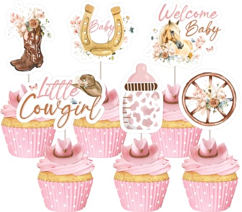 JOYMEMO 24 Pcs Little Cowgirl Baby Dusche Cupcake Toppers - rosa braun Western Cowgirl Baby Dusche Dekorationen, doppelseitige Wild West Kuchen Dekor für Schwangerschaft Feier Neugeborenen Party von JOYMEMO