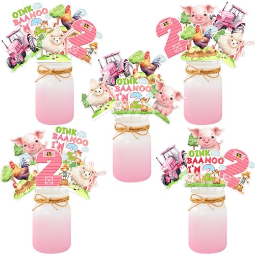 JOYMEMO 24 Stück Bauernhoftiere 2. Geburtstag Mittelstück Stäbchen Rosa – Bauernhof 2. Geburtstag Party Dekorationen Mädchen, Oink Baa Moo I'M 2 Tischaufsätze doppelseitig für Bauernhof-Party von JOYMEMO