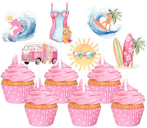 JOYMEMO 24 Stück Surf Cupcake Toppers für Mädchen - Surfen Geburtstag Party Dekorationen, beidseitig bedruckt Surf Kuchen Dekoration, Strand Surfbrett Sommer Baby Dusche Party Supplies von JOYMEMO
