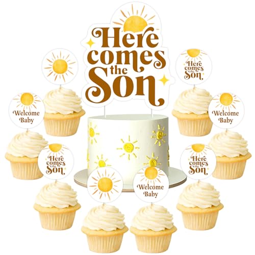 JOYMEMO 25 Pcs Here Comes The Son Baby Shower Cake Decorations, Retro Sun Cake Topper with Double-sided Printing Cupcake Toppers, Boho Sunshine Theme Baby Shower Party Supplies von JOYMEMO