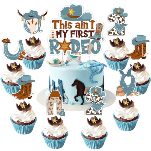 JOYMEMO 25 Pieces My 2nd Rodeo Birthday Cake Decorations for Boy - This Ain't My First Rodeo Cake Topper mit Cowboy Birthday Cupcake Toppers, Retro Blue Brown Western Cowboy Birthday Party Supplies von JOYMEMO