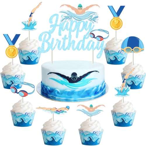 JOYMEMO 25 Stück Swim Party Cake Decorations – Swimming Happy Birthday Cake Topper mit Cupcake Topper, doppelseitig bedruckt für Schwimmbad, Thema Geburtstag, Party Supplies von JOYMEMO
