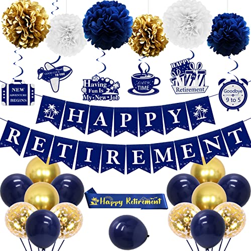 JOYMEMO 30 Stück Ruhestandsparty-Dekorationen, Marineblau, Gold für Männer und Frauen, Happy Retirement Banner Schärpe hängende Wirbel Papier-Pompons und Luftballons, Ruhestands-Dekorationen Zubehör JOYMEMO 30 Stück Ruhestandsparty-Dekorationen, Marineblau, Gold für Männer und Frauen, Happy Retirement Banner Schärpe hängende Wirbel Papier-Pompons und Luftballons, Ruhestands-Dekorationen Zubehör von JOYMEMO