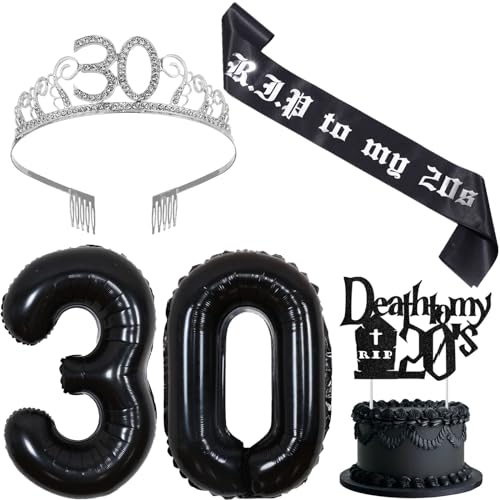 JOYMEMO 30. Geburtstag Dekorationen für Frauen Schwarz - Rip to My 20s Schärpe und Krone, Death to My 20s Cake Topper, Zahl 30 Ballon für Beerdigung Themed Thirty Birthday Party Supplies von JOYMEMO